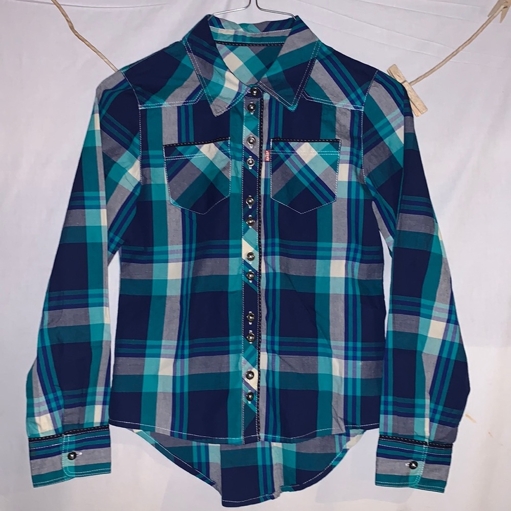 Levi’s girls double front button plaid pattern riding / country western wear MED